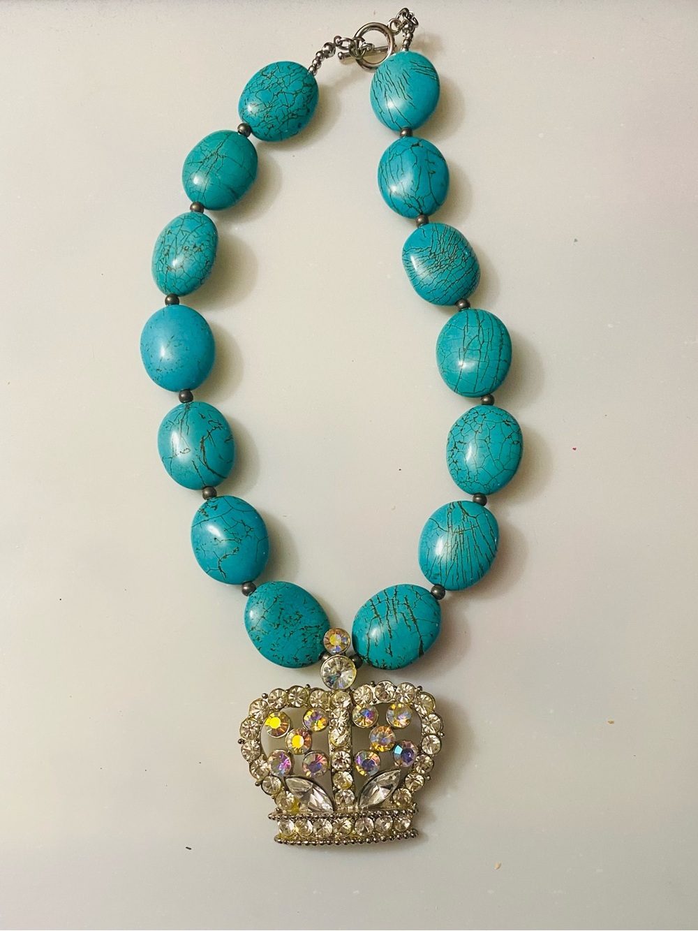 Turquoise Bead Necklace with Crystal Crown Pendant